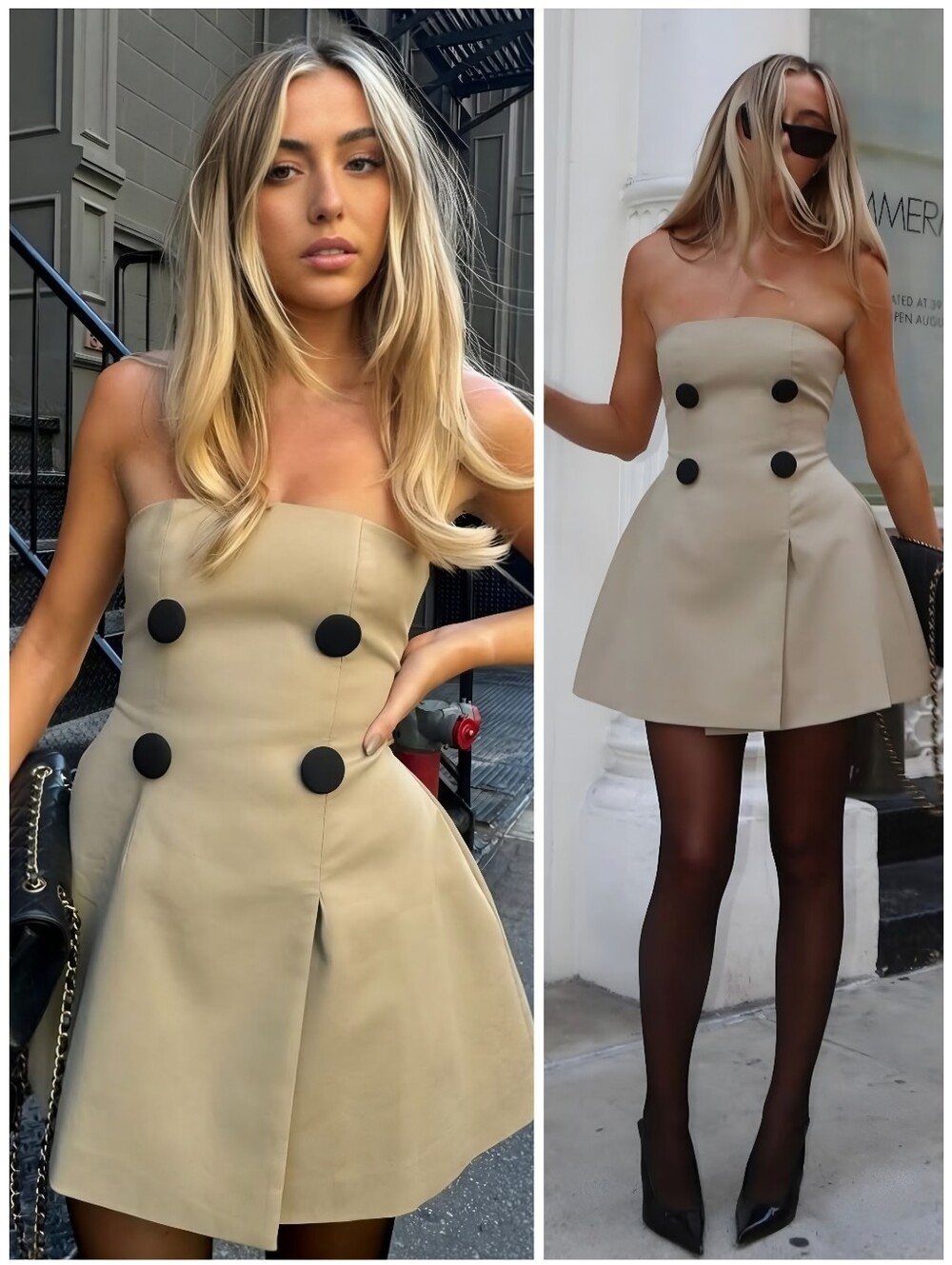Odd Muse Strapless Trench Tan Black Button Dress, M
